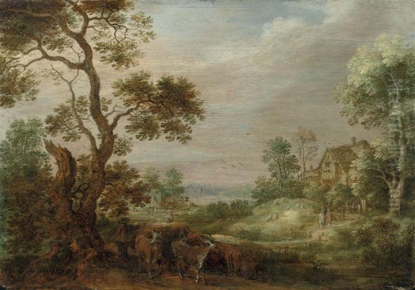 A Wooded Landscape With A Herdsman And His Herd Oil Painting by Gijsbert Gillisz. de Hondecoeter