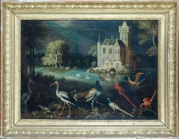 Paysage Aux Oiseaux Pres Du Chateau Oil Painting by Gijsbert Gillisz. de Hondecoeter