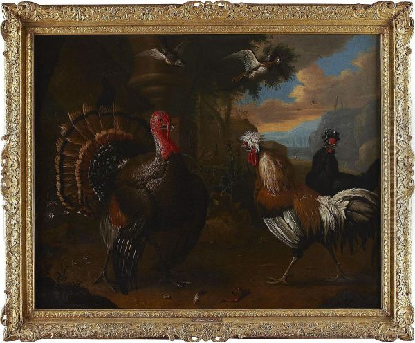 Ornamental Fowl In An Italianate Landscape Oil Painting by Melchior de Hondecoeter