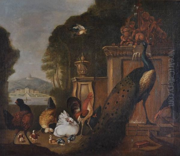 Exotic Birds In Country Park Landscape Oil Painting by Melchior de Hondecoeter