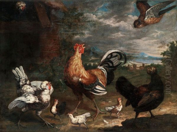 Hawk Attacking Hens Family Oil Painting by Melchior de Hondecoeter