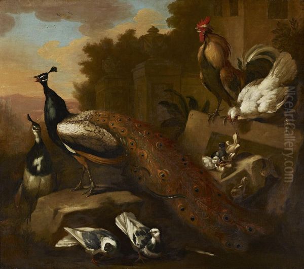 Exotic Birds Before Classical Ruins Oil Painting by Melchior de Hondecoeter