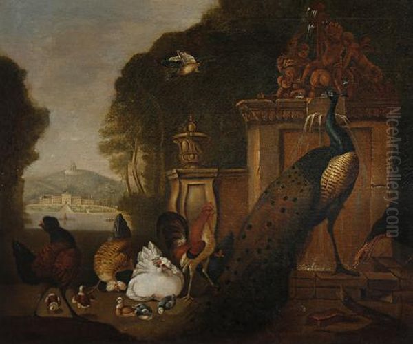 A Peacock And Fowl In A Park Landscape Oil Painting by Melchior de Hondecoeter