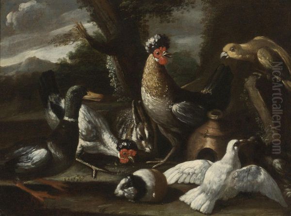 A Parrot, Chickens, A Duck And Turtledoves, Together With A Rabbit And A Guinea Pig In A Landscape Oil Painting by Melchior de Hondecoeter