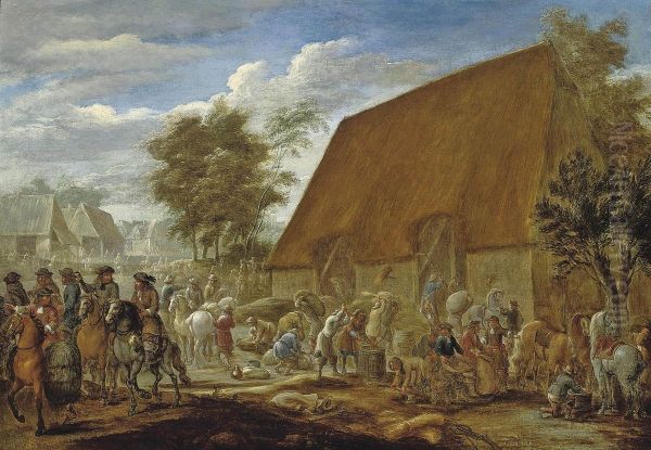 Farmers Threshing Corn Before A Thatched Barn Oil Painting by Lambert de Hondt