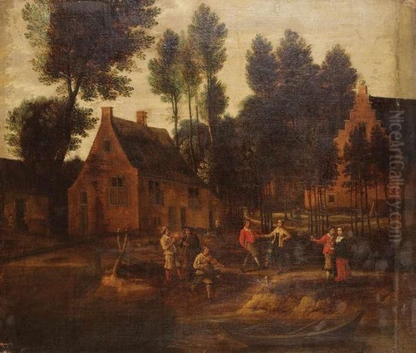 Vlaams Dorp Met Muzikanten En Lustige Paartjes Bij De Oever Oil Painting by Lambert de Hondt