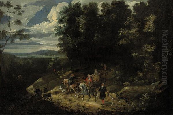 A Hunting Party In A Wooded Landscape Oil Painting by Lambert de Hondt