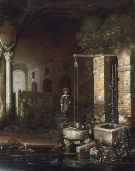 A Figure By A Well In A Grotto With A Sarcophagus, An Arcade Beyond Inscribed With Occult Symbols Oil Painting by Charles-Cornelisz de Hooch