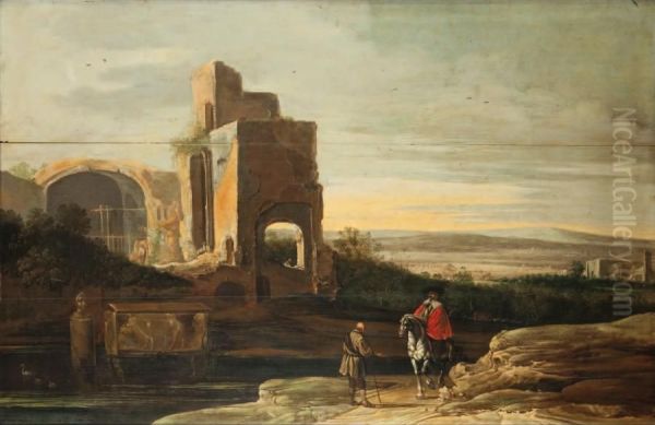 Paysage De La Campagne Romaine Avec Un Cavalier Et Un Villageois Pres D'un Edifice Antique En Ruine Oil Painting by Charles-Cornelisz de Hooch