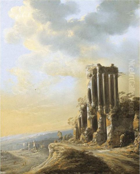 An Extensive Italianate Landscape With Ruins Oil Painting by Charles-Cornelisz de Hooch