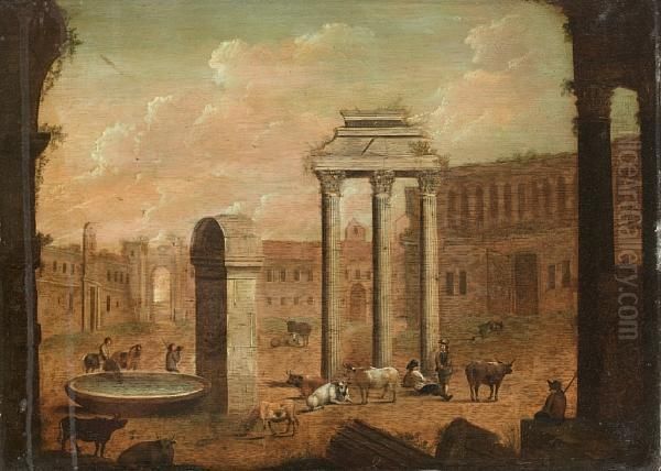 Peasants Grazing Their Cattle In The Roman Forum Oil Painting by David De Hooch