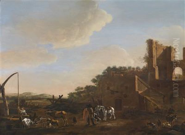 Campagna Landscape With Horsemen And Shepherds In Front Of An Inn Set Within A Ruin Oil Painting by Horatius Hooch