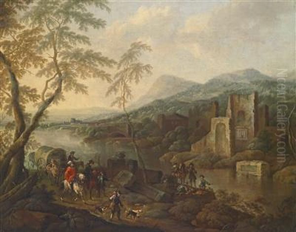 A River Landscape With Ruins And Travellers by Horatius Hooch