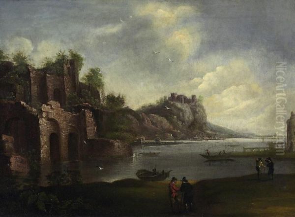 Riverlandscape With Ruins And Figural Arrangement Oil Painting by Horatius Hooch