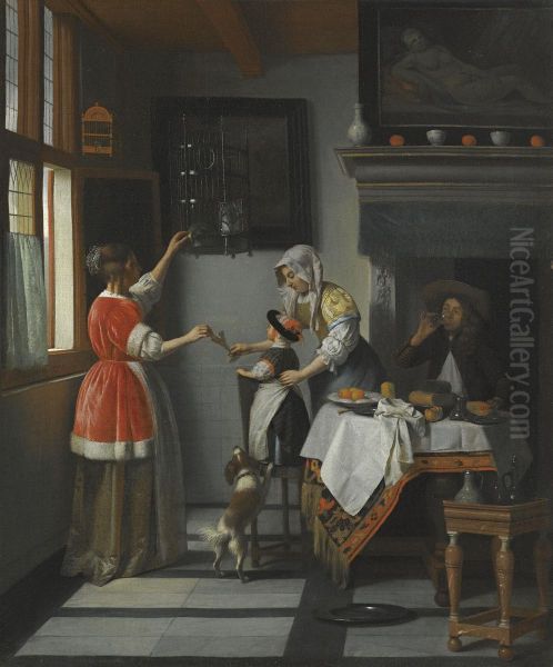 Interior With A Child Feeding A Parrot Oil Painting by Pieter De Hooch