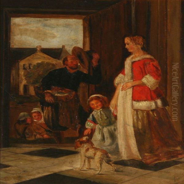 A Fisherman Selling His Goods To A Young Mother Oil Painting by Pieter De Hooch