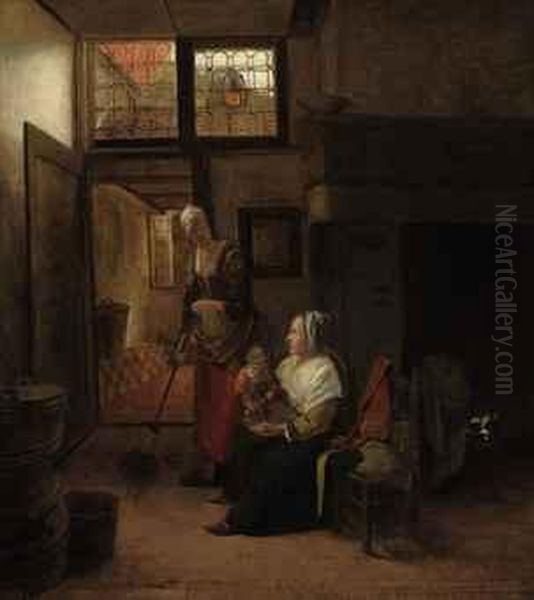 Mother And Child With A Serving Woman Sweeping Oil Painting by Pieter De Hooch