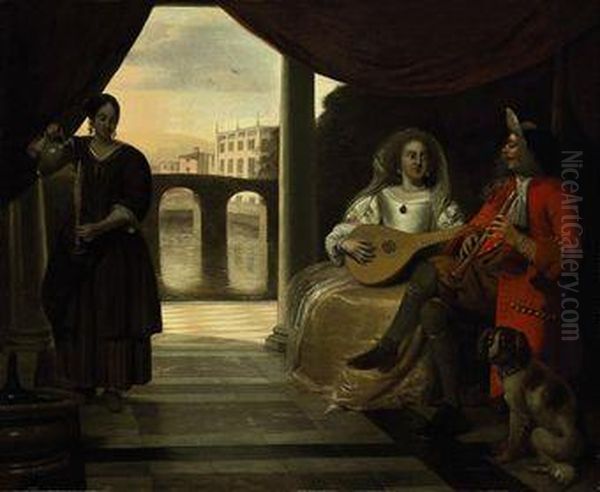 An Elegant Couple Playing Music On A Terrace Looking Out Over Acanal With A Maid Pouring Wine Oil Painting by Pieter De Hooch