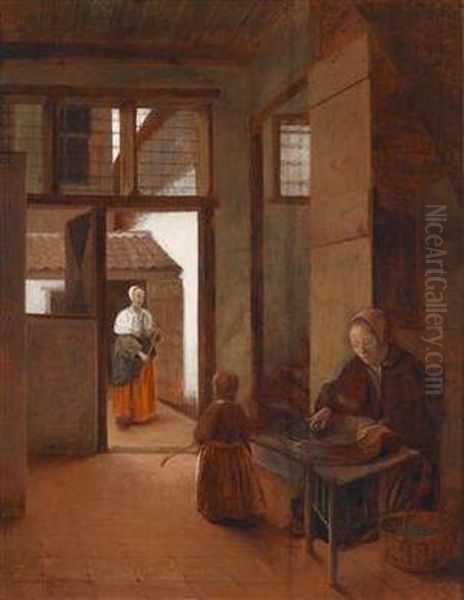 Interieur Mit Einer Frau Und Einem Kind Sowieeiner Magd Oil Painting by Pieter De Hooch