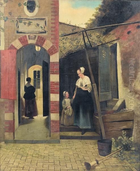 A Woman And Child In A Courtyard Indelft Oil Painting by Pieter De Hooch