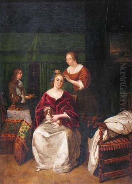 Interior Scene Of A Seated Lady Having Her Hair Dressed Oil Painting by Pieter De Hooch