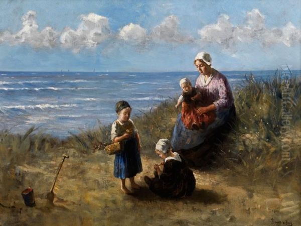 Mutter Mit Spielenden Kindern An Einem Holl Oil Painting by Bernard Johann De Hoog