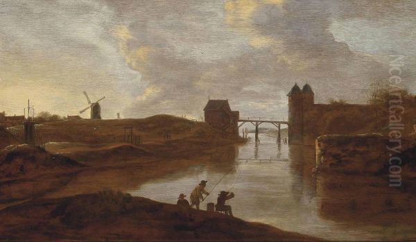 A River Landscape With Anglers On The Shore, A Bridge Beyond Oil Painting by Reinier Van Der Laeck