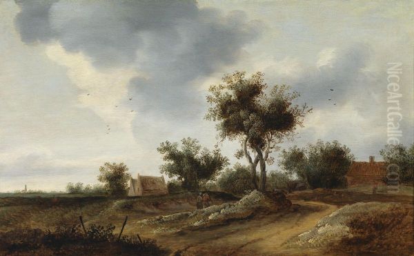 Two Peasants On A Path Near A Village Oil Painting by Reinier Van Der Laeck