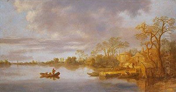 Paisaje Fluvial Con Pescadores Oil Painting by Reinier Van Der Laeck