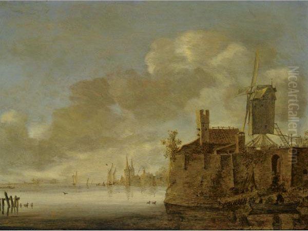 River Landscape With A Fortified Town, A Windmill On The Right Bank, And A Rowing Boat With Figures In The Foreground Oil Painting by Reinier Van Der Laeck