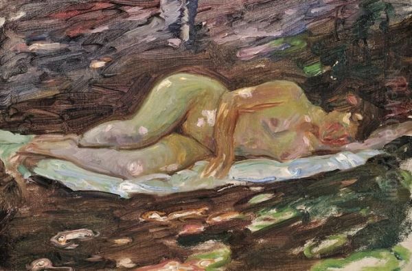 Nude Reclining In A Landscape Oil Painting by Sigismund De Ivanowski