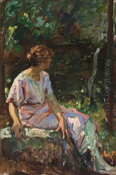 Woman In The Garden Oil Painting by Sigismund De Ivanowski