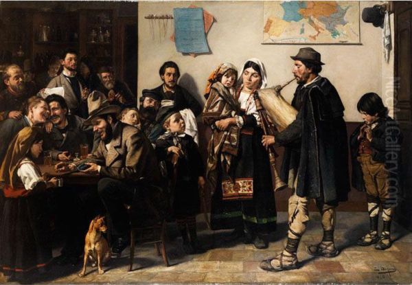 Savojarden-musikanten In Einer Taverneaufspielend Oil Painting by Edouard De Jans