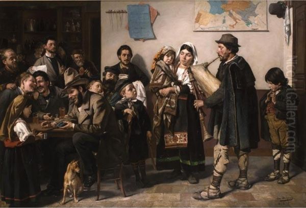 Interieur Eines Antwerpener Gasthauses Mit Italienischen Wandermusikanten Oil Painting by Edouard De Jans