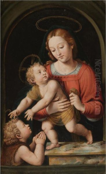 The Virgin Mary With The Christ Child And The Infant Saint John The Baptist Oil Painting by Joan De Joanes