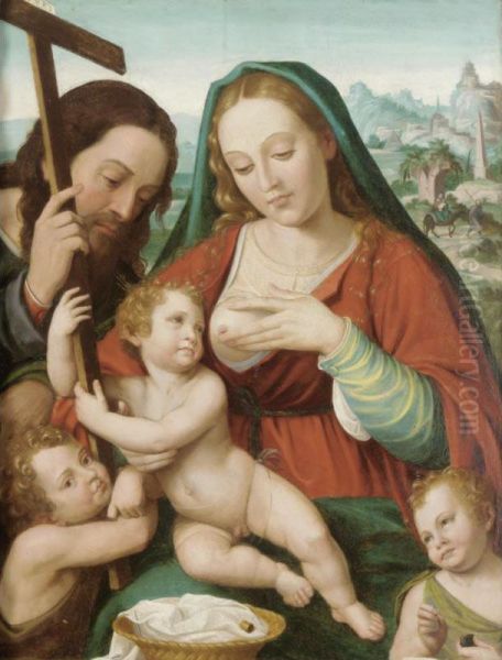 The Holy Family With The Infant Saint John Ther Baptist And An Angel Oil Painting by Joan De Joanes