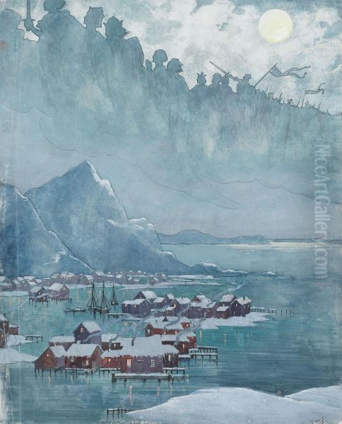 Northern Sea Harbor Landscape Oil Painting by J-M. Onfray Brev. De Job