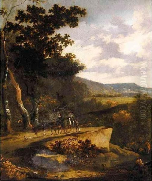 A Wooded Landscape With Travellers On A Path Oil Painting by Hans De Jode