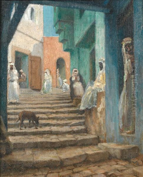 Ruelle Animee Dans La Kasbah D'alger Oil Painting by Leonce Joseph V. De Joncieres