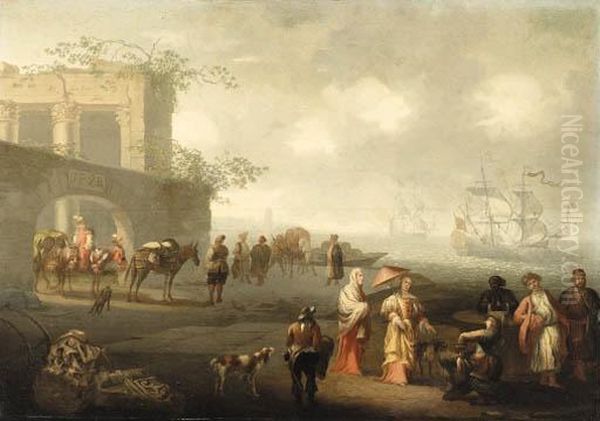 A Coastal Landscape With Elegant Figures And Travellers By Thewalls Of A City Oil Painting by Jacobus De Jonckheer