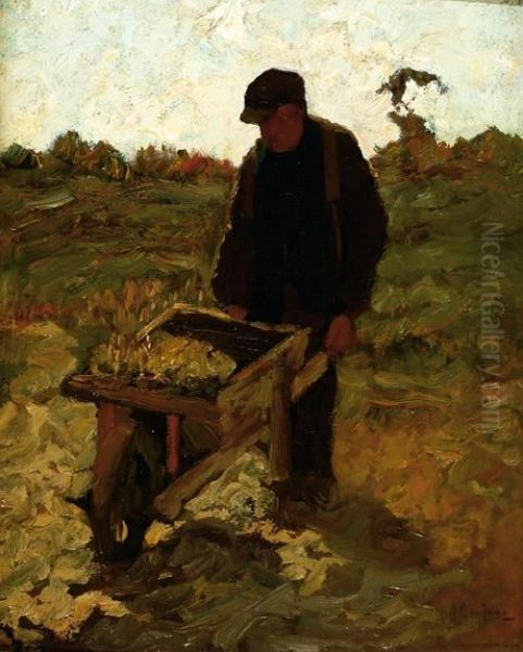 Farmer With A Wheelbarrow Oil Painting by Antonie Gerardus De Jong