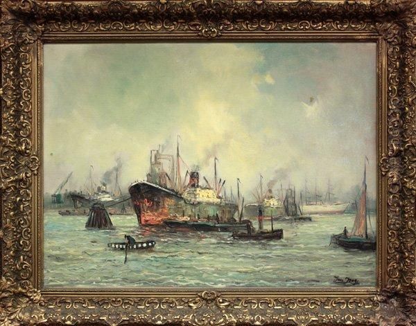 Dutch Harbor Scene Oil Painting by Jan De Jong