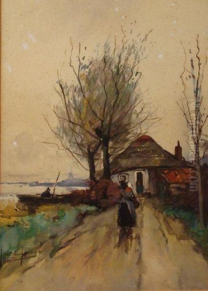 A Rural Dutch Landscape With A Woman Walking Along A Canal Pathtowards A Cottage Oil Painting by Jan De Jong