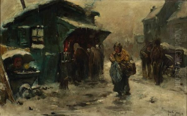 Figures On A Snow Covered Street Oil Painting by Jan De Jong