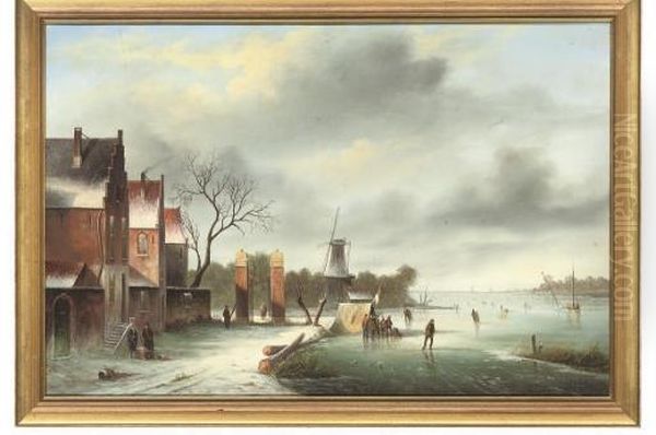 Figures On A Frozen Lake Oil Painting by Jan De Jong