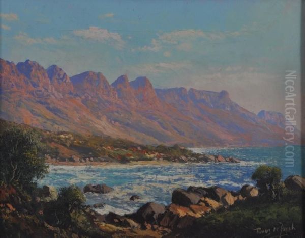 Rocky Coastal Scene With Mountains Oil Painting by Tinus De Jong