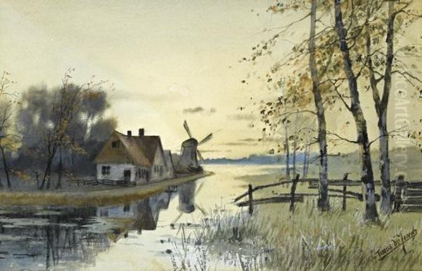 A Dutch River Landscape Oil Painting by Tinus De Jong