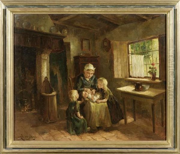 Family In A Peasant Interior Oil Painting by J.H. De Jonge