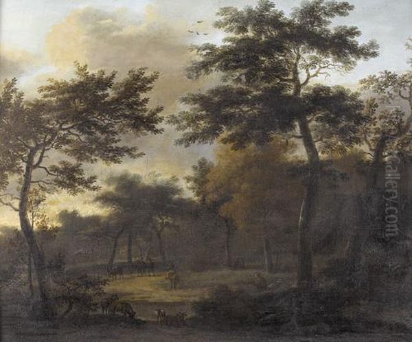 Waldige Landschaft Mit Eselsreitern Und Ziegen Oil Painting by Claude De Jongh