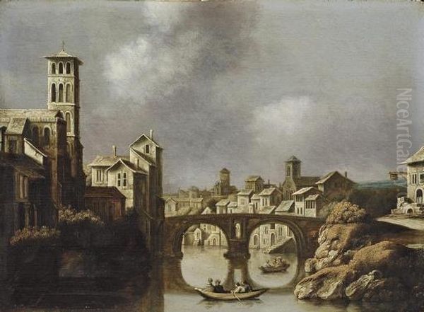 View Of The Tiber, Rome, With The Isola Tiberina And The Ponte Fabricio Oil Painting by Claude De Jongh